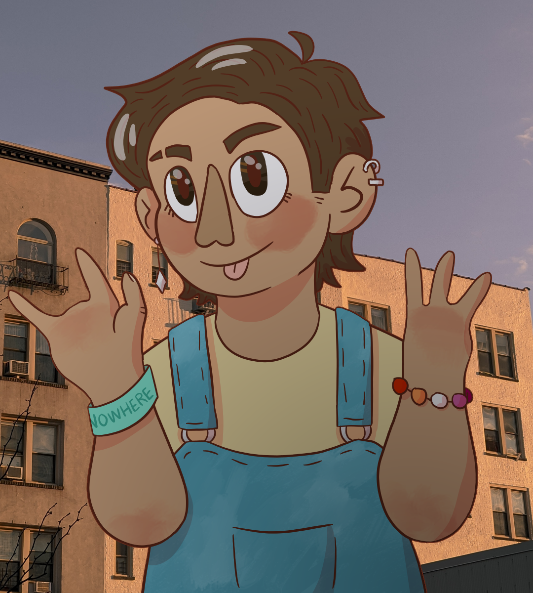 a tan-skinned person with chin-length hair and earrings stands in front of an apartment complex. they are sticking their tongue out and holding their hands up. they have only three fingers on each hand (symbrachydactyly). they're wearing overalls and a lesbian pride bracelet.